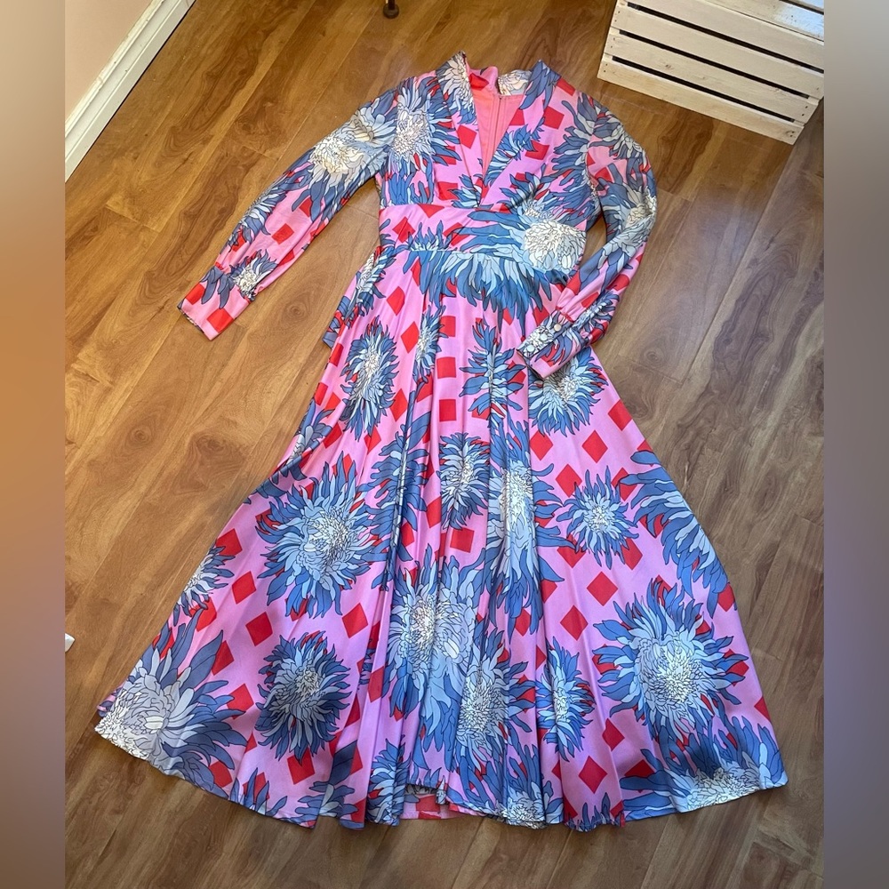 Outrageously Gorgeous Vintage Floral Print Maxi Dress Belted Gown, Size Medium - Picture 13 of 16